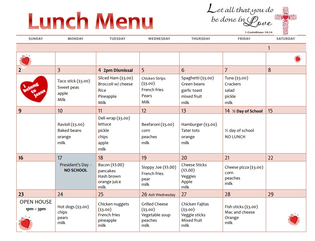 school lunch menu calendar